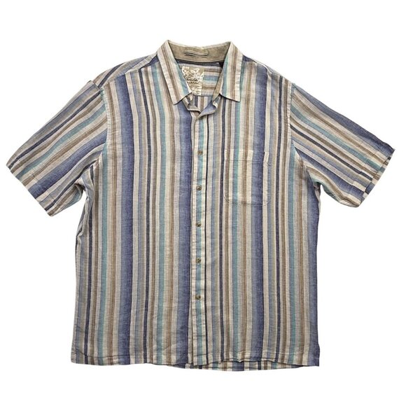 Tasso Elba Linen Blend Tan Blue Striped Button Up Shirt Beachy Coastal Mens XL - Picture 1 of 10